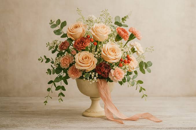 Warm neutral floral centerpiece with peach roses, carnations and eucalyptus in a cream compote vase