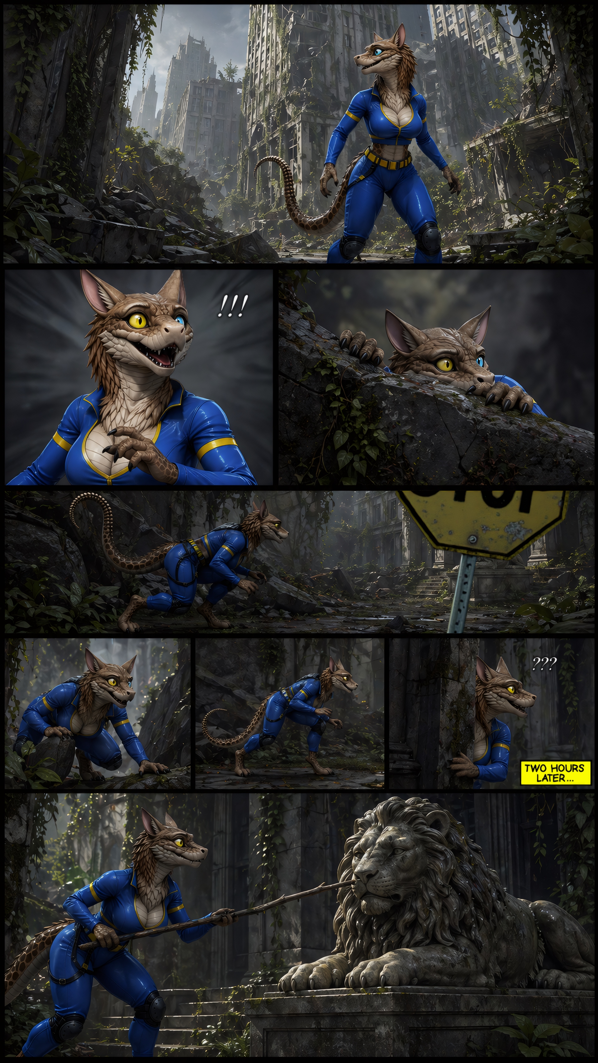 Anthropomorphic rat in a blue suit standing in a ruined forest city with a lion statue nearby.