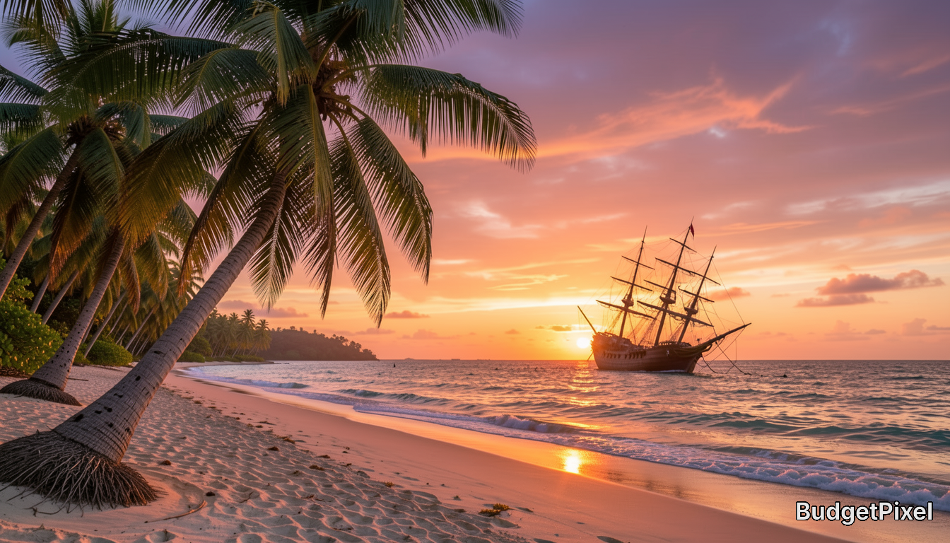 Sunset beach with palm trees and a tall sailing ship on the horizon.