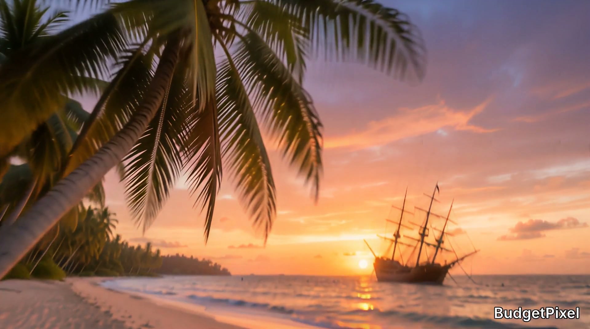 Sunset on a tropical beach with palm trees and a vintage sailing ship silhouette in calm waters.