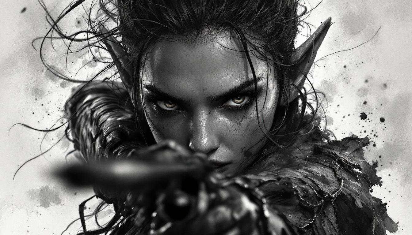 A dramatic black-and-white portrait of a dark elf | sonny001 on BudgetPixel