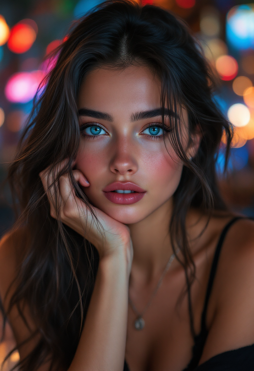 Close-up portrait of a woman with blue eyes and glossy lips under colorful neon bokeh.