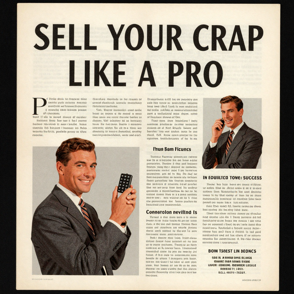 Vintage ad page with a suited man holding a mobile device and bold headline "SELL YOUR CRAP LIKE A PRO."