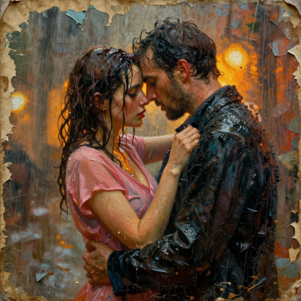 Rain-soaked couple embracing closely under warm city lights, intimate moment.