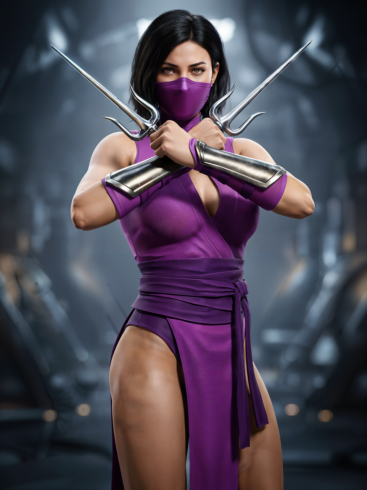 Female ninja warrior in a purple outfit with a mask and dramatic metallic blade gauntlets ready for combat.