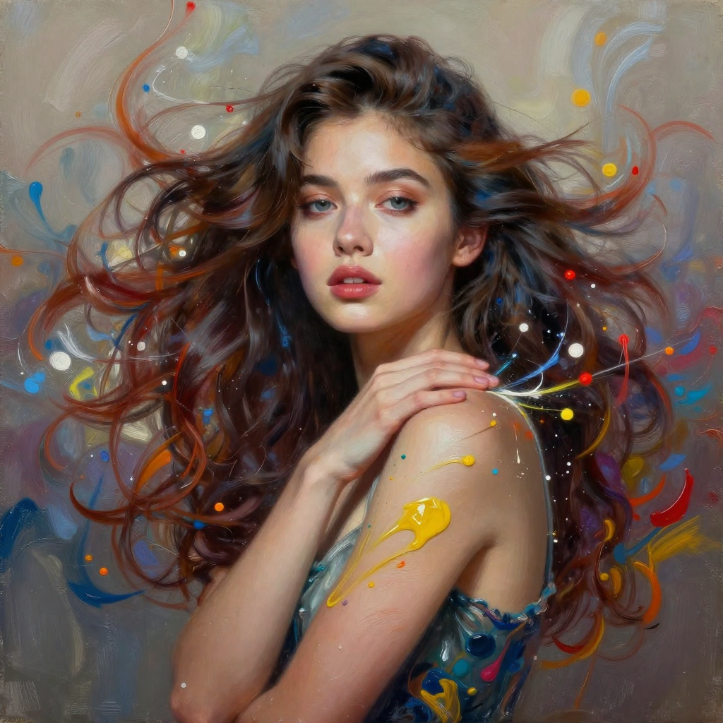 Portrait of a young woman with flowing hair and colorful paint splashes on her shoulder.