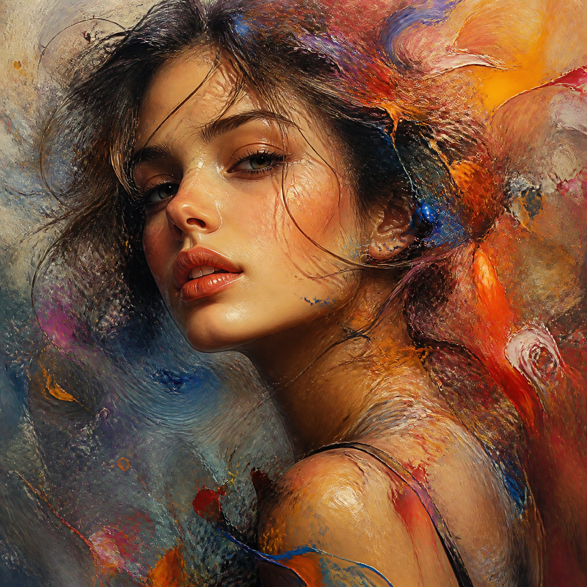 Close-up portrait of a woman with glossy skin against a vibrant, abstract painted background.