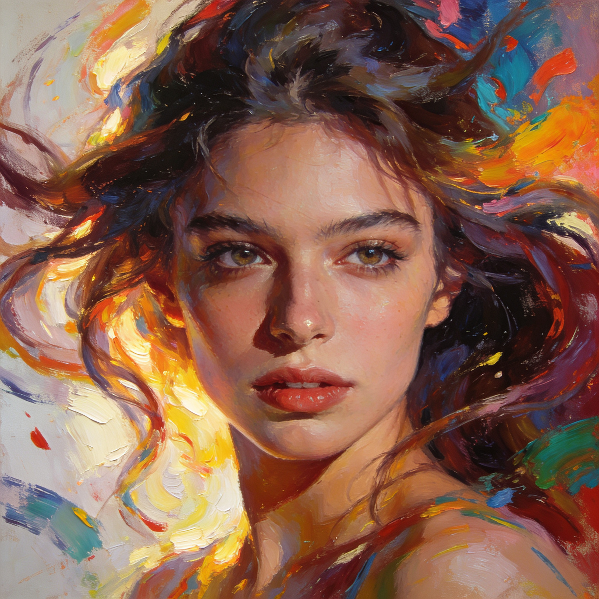 Vivid oil painting of a young woman with flowing hair in warm and cool colors.