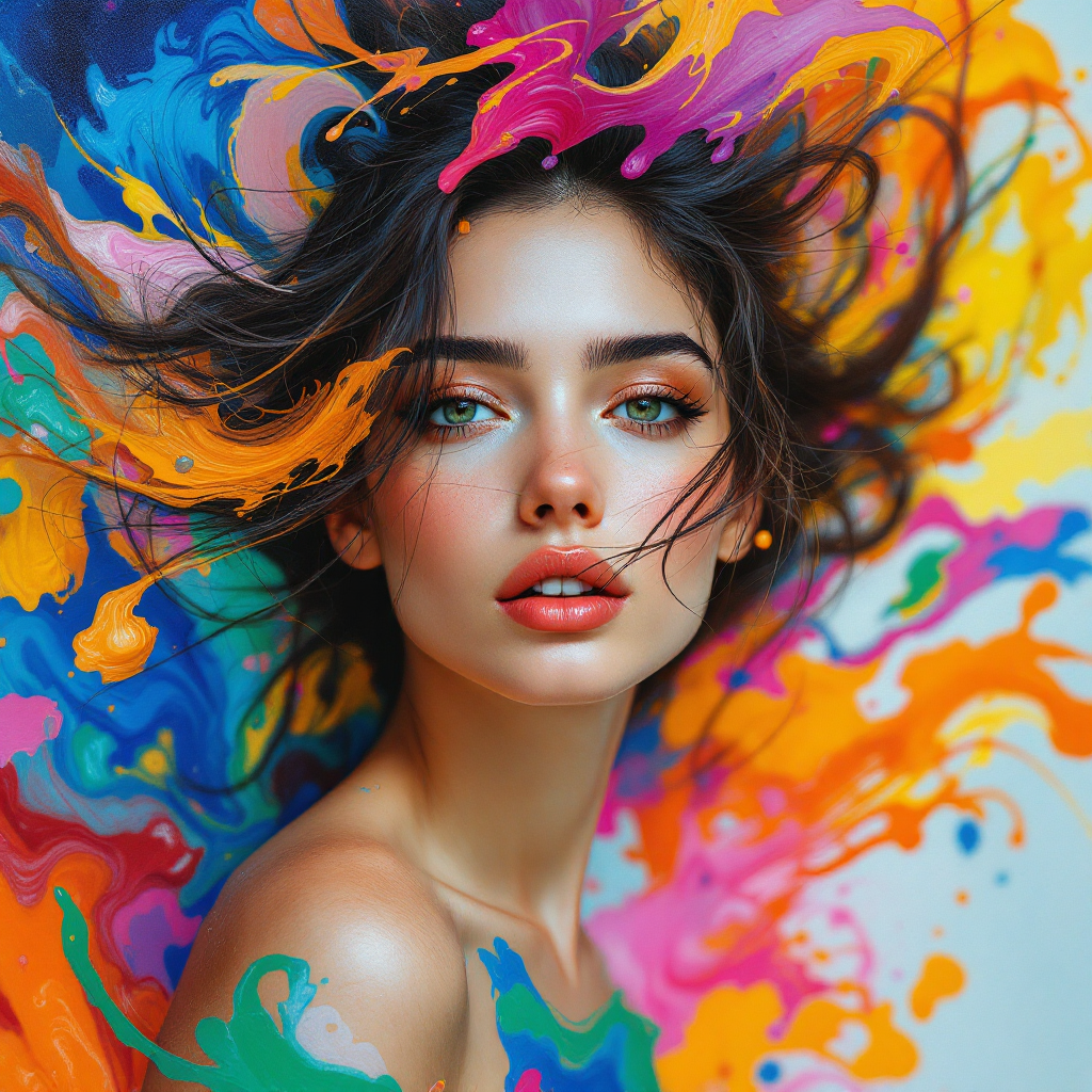 Portrait of a woman with colorful paint splashes around her face and hair.