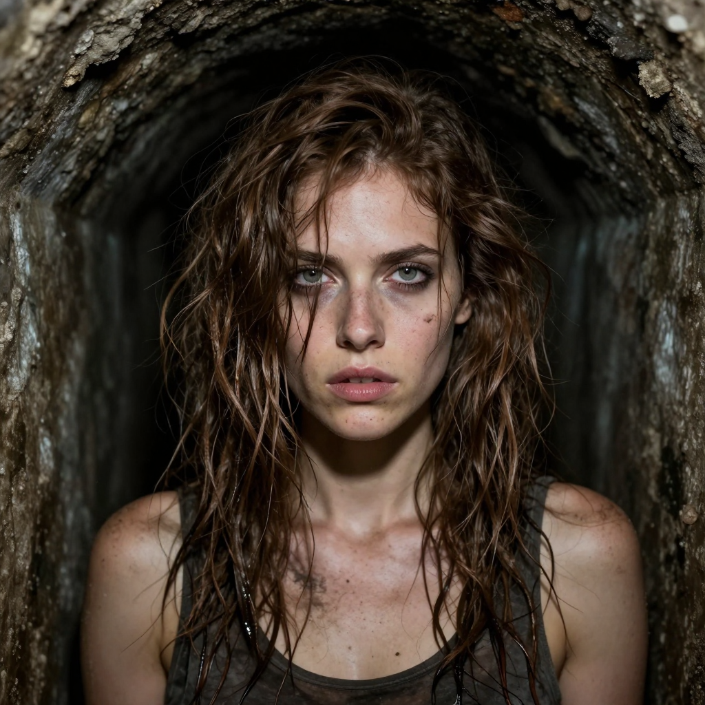 Portrait of a wet, muddy woman with tousled hair inside a dark rocky tunnel.