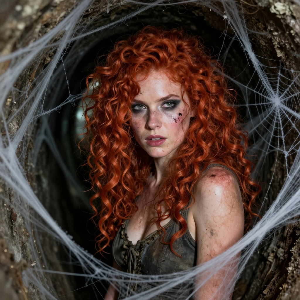 Red-haired woman with curly hair and dirt makeup in a cobweb-covered tunnel.