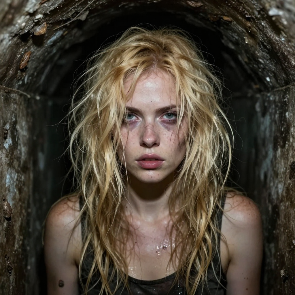 Young woman with wet blonde hair in a dark, damp tunnel, facing the camera.