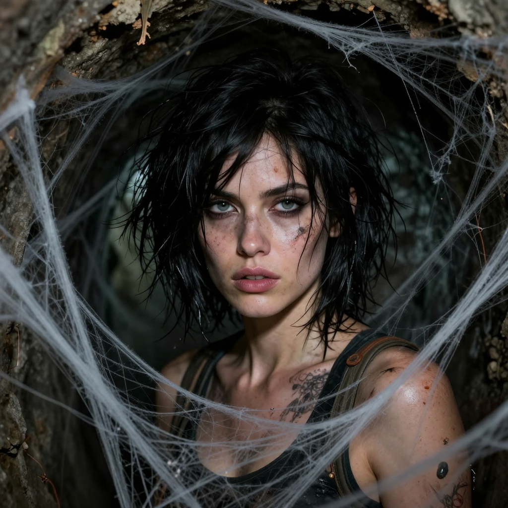 Woman with messy black hair in a cobwebbed cave, gritty makeup and distressed skin.