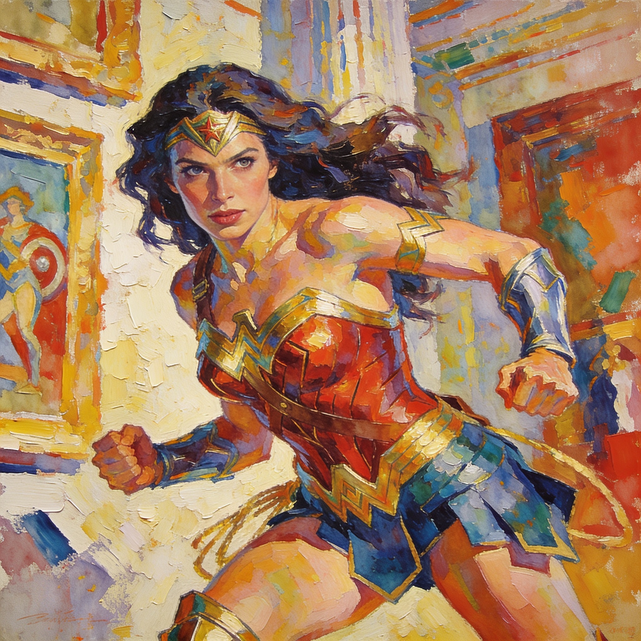 Dynamic Wonder Woman in armor sprinting forward with a determined expression in a colorful painterly scene.