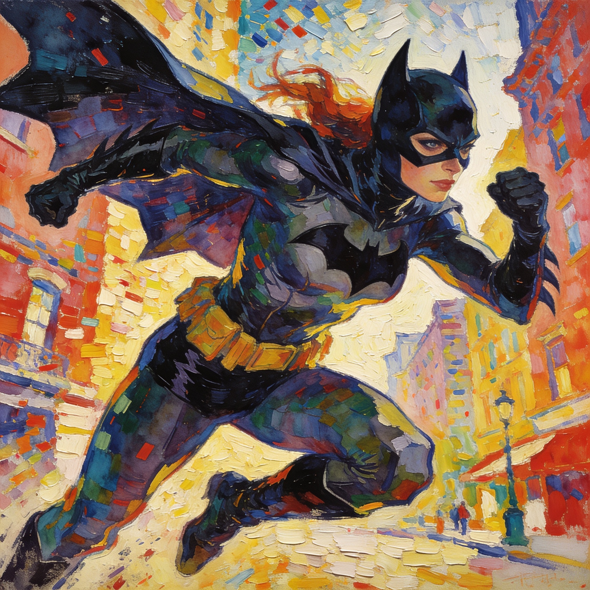 Dynamic Batman in a colorful, impressionistic street chase, bold cape and fists forward.