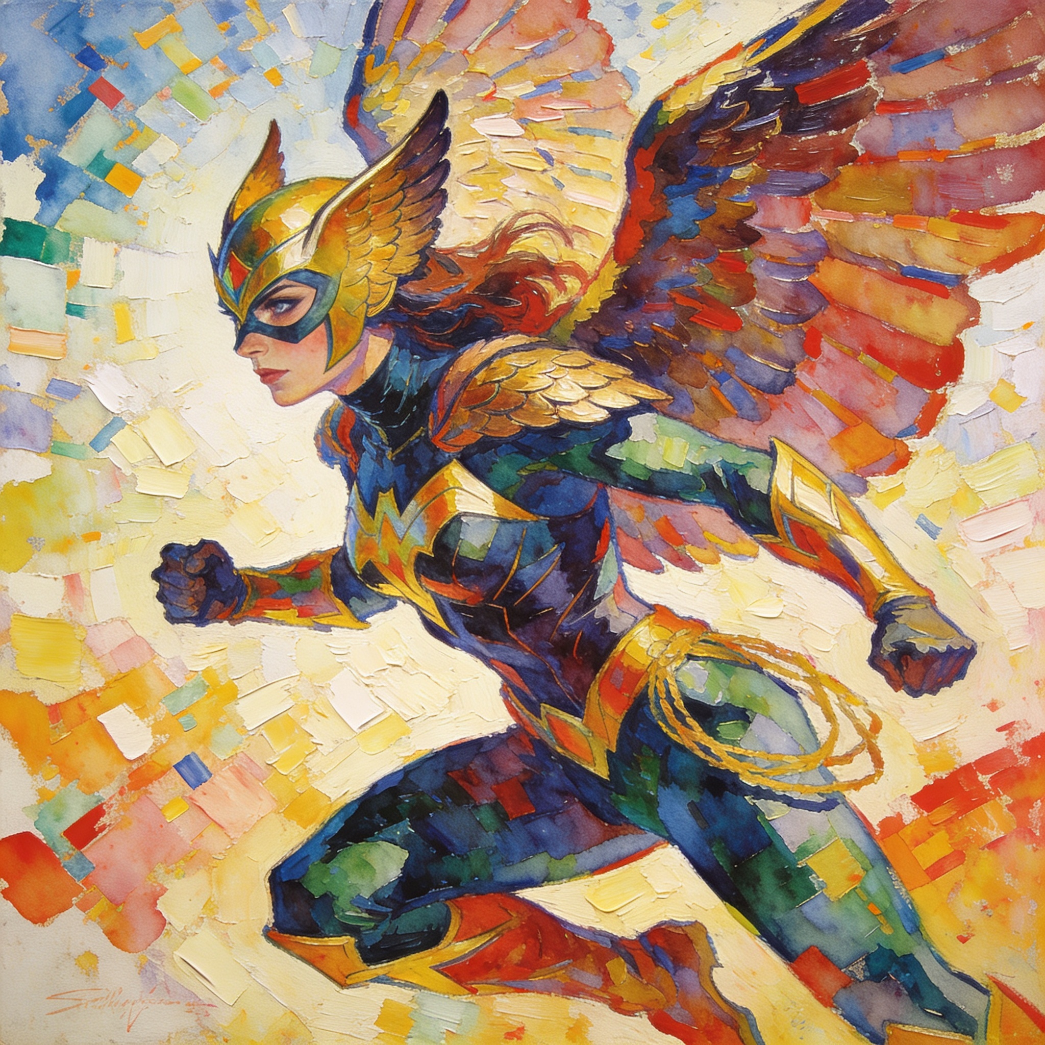 Colorful painting of a female winged superhero in a dynamic running pose.