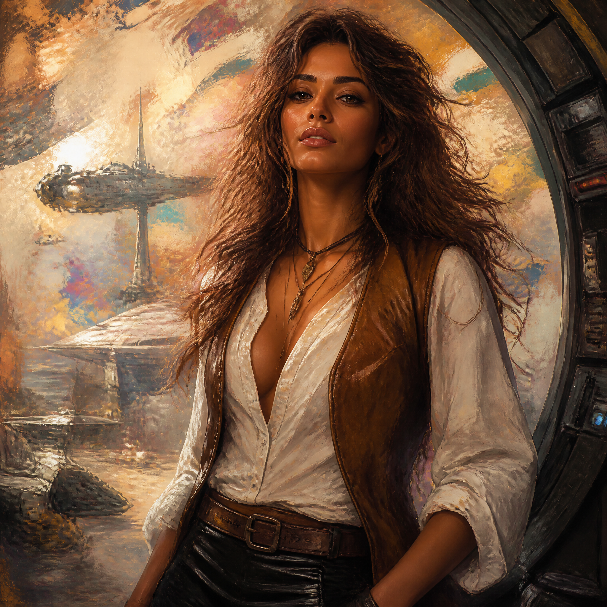 Woman in white blouse and brown vest with a plunging neckline, posed in front of a circular sci-fi mural.