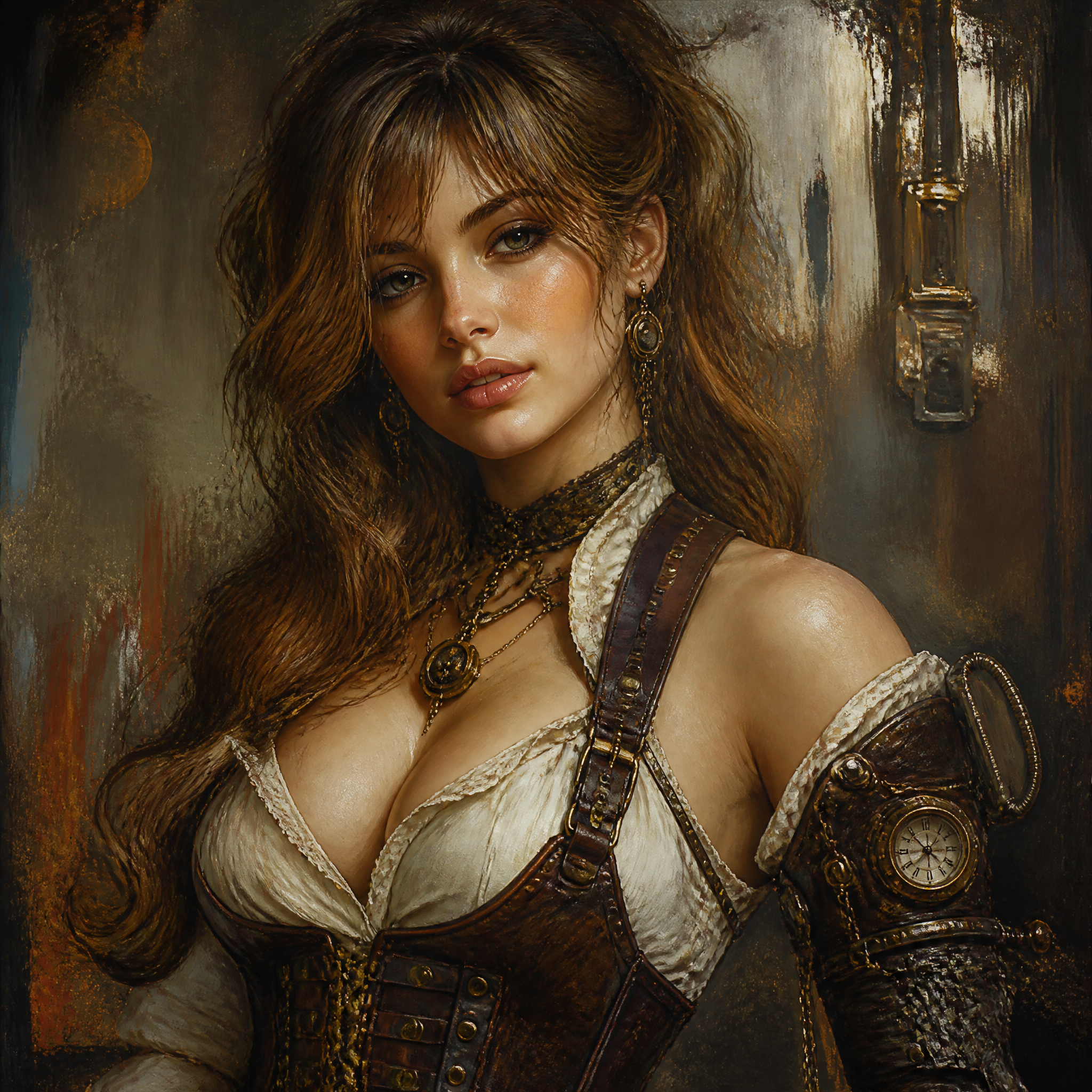Steampunk-inspired woman in a leather corset and lace blouse with vintage jewelry.