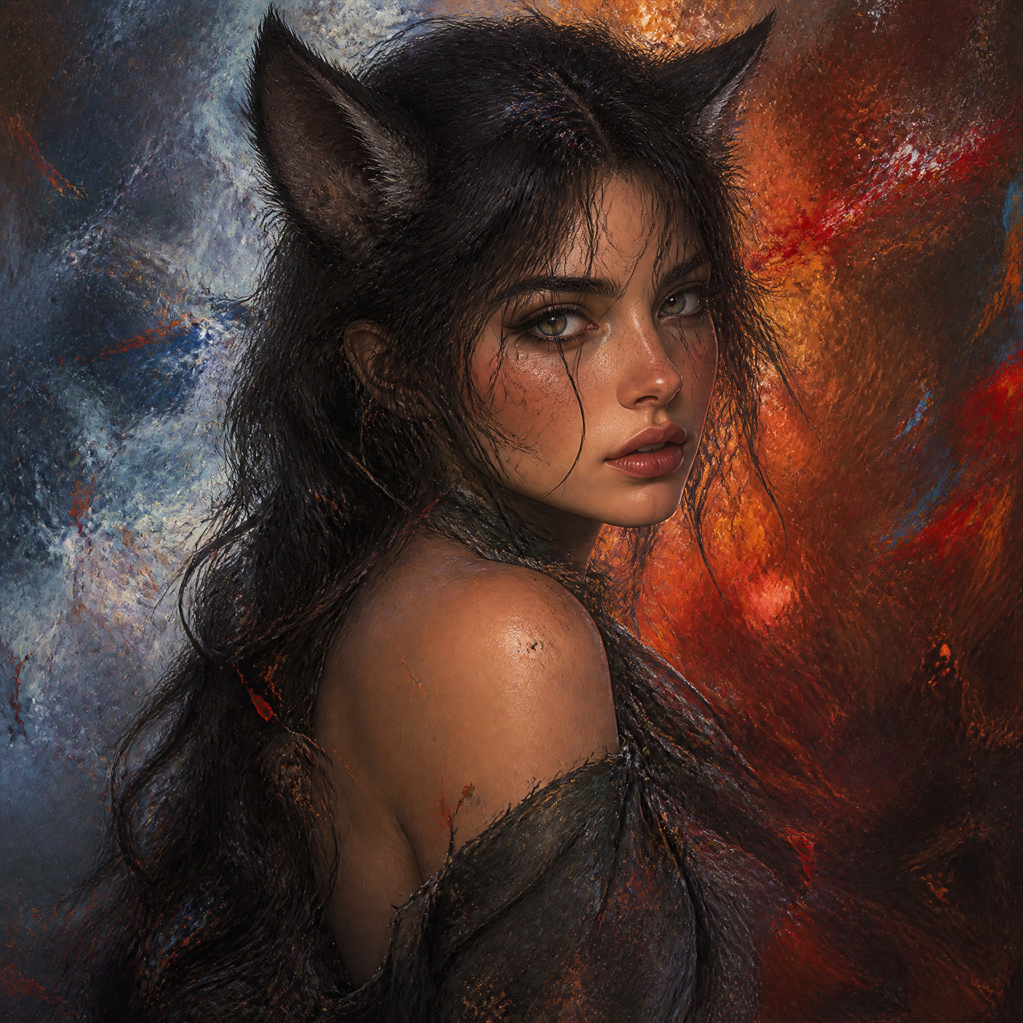 Portrait of a woman with cat ears, dark hair, and smoky makeup against a painterly blue-orange backdrop