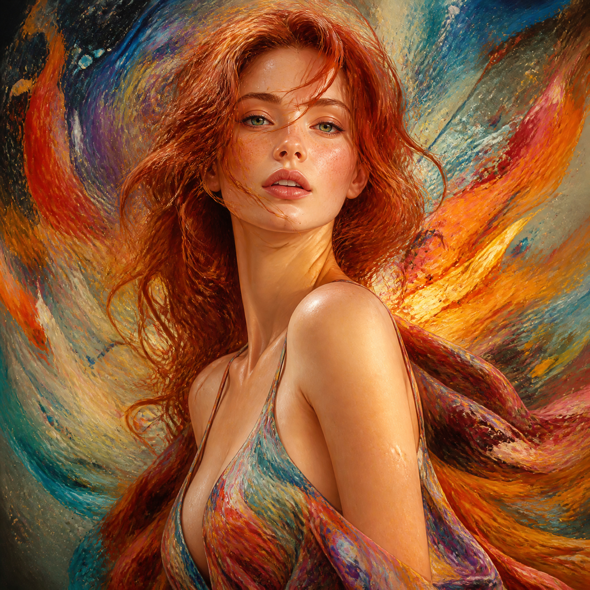 Red-haired woman wearing a colorful, flowing dress against an abstract, vibrant background.