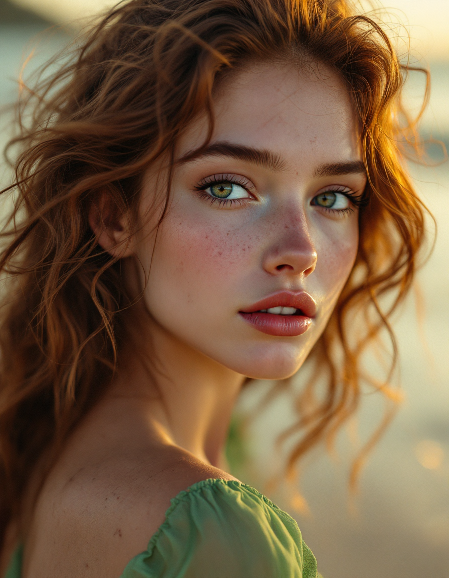 "Close-up golden hour portrait of a young woman with wavy red hair, freckles, and green eyes lit by warm sunset light."