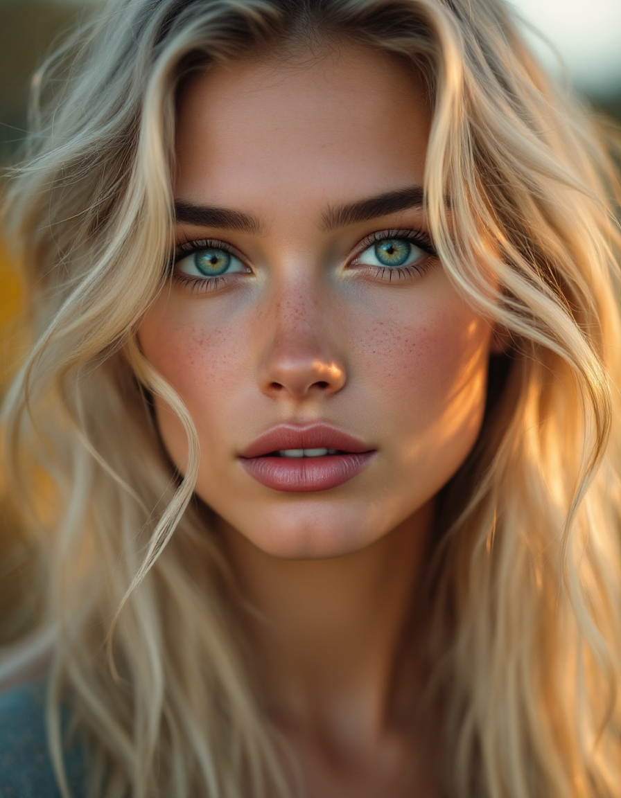 Close-up portrait of a young woman with wavy blonde hair, bright blue-green eyes, and freckles, lit by warm golden sunset ...
