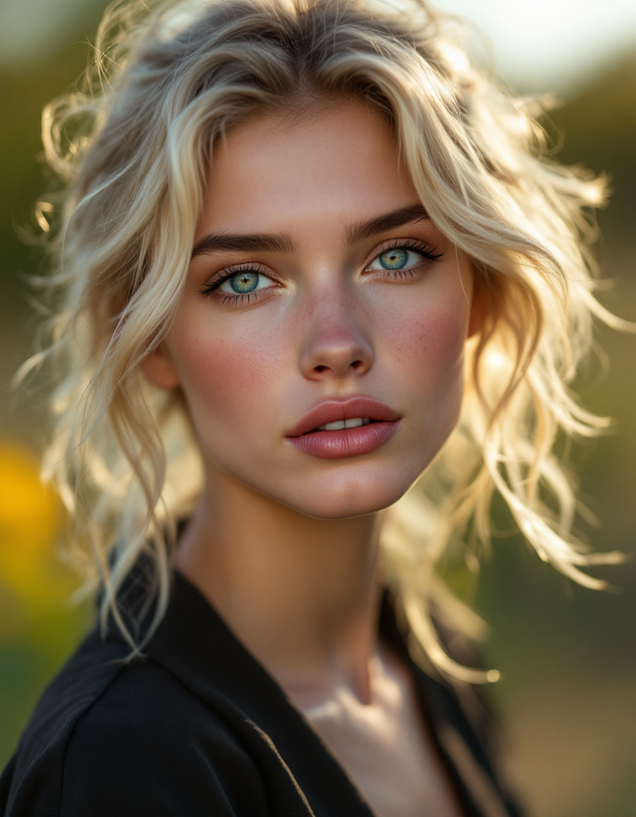 Close-up outdoor portrait of a young blonde woman with bright blue eyes, lit by warm golden sunset light over a blurred na...