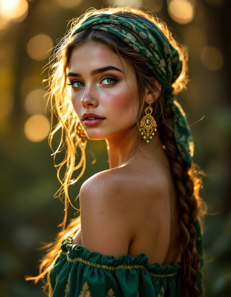 Young woman in emerald green boho attire and headscarf, backlit by golden sunset light, posing outdoors with a soft bokeh ...