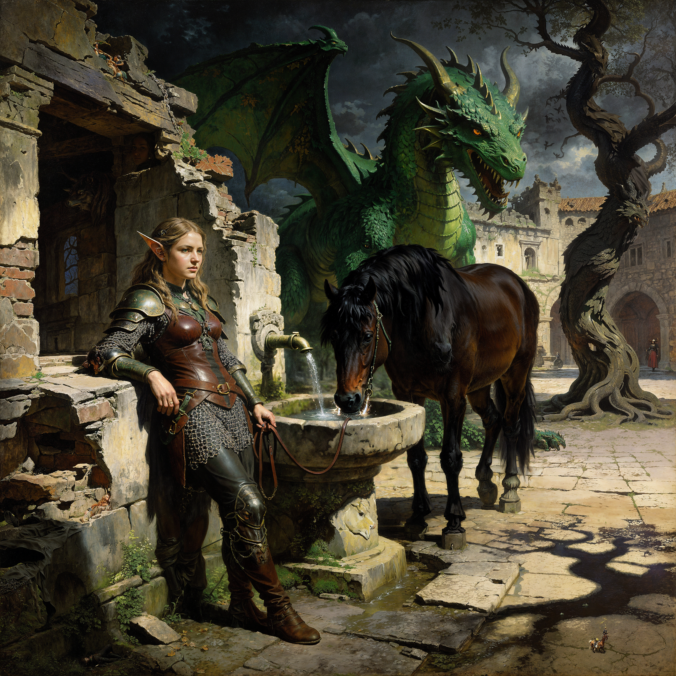 Elven warrior in leather armor leans on stone ruins as her horse drinks from a fountain, with a large green dragon looming...