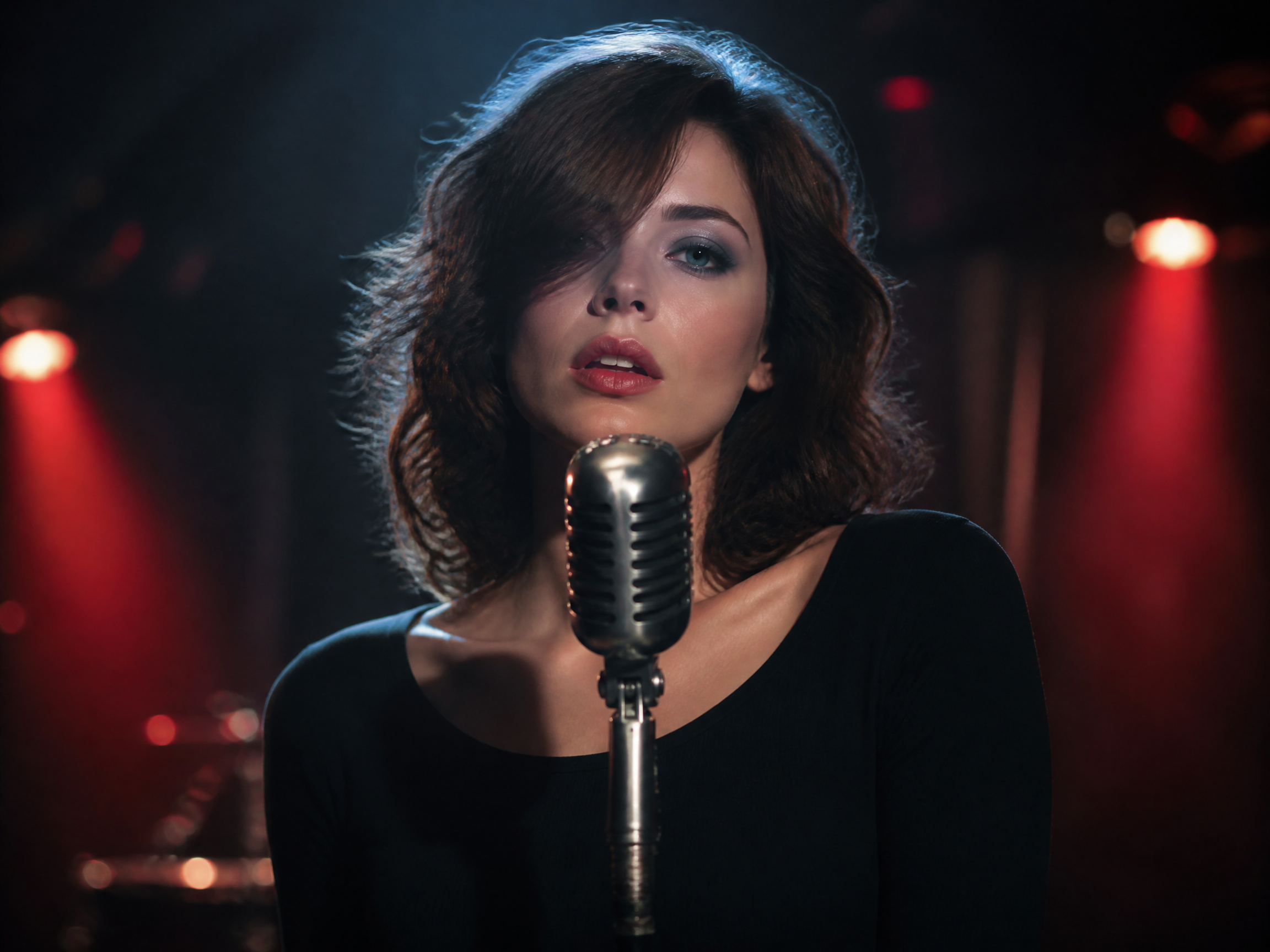 Female vocalist singing into a vintage silver microphone on a dim concert stage lit by warm red spotlights.