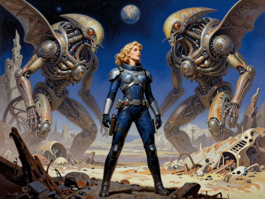 Confident blonde female space explorer stands between two winged steampunk robots on a wreck-strewn alien desert planet.