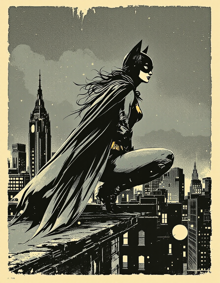 Retro comic illustration of Batgirl crouching on a Gotham city rooftop overlooking a starry night skyline