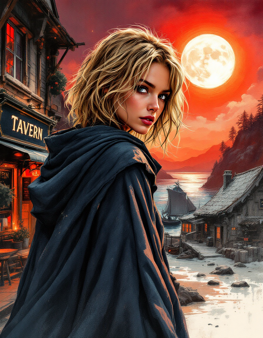 Blonde woman in dark hooded cloak glances back, standing beside a fantasy coastal tavern under a glowing full red moon sky.