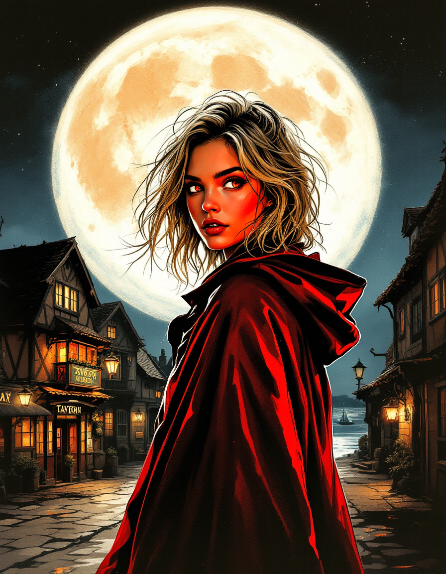 Blonde woman in red hooded cloak stands in a medieval village under a giant glowing full moon at night
