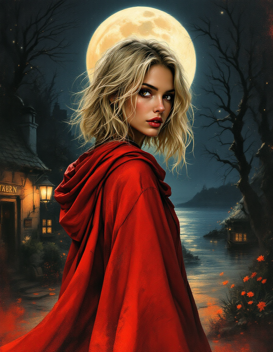 Blonde woman in flowing red hooded cloak looks over her shoulder, standing before a glowing full moon above a moonlit wate...