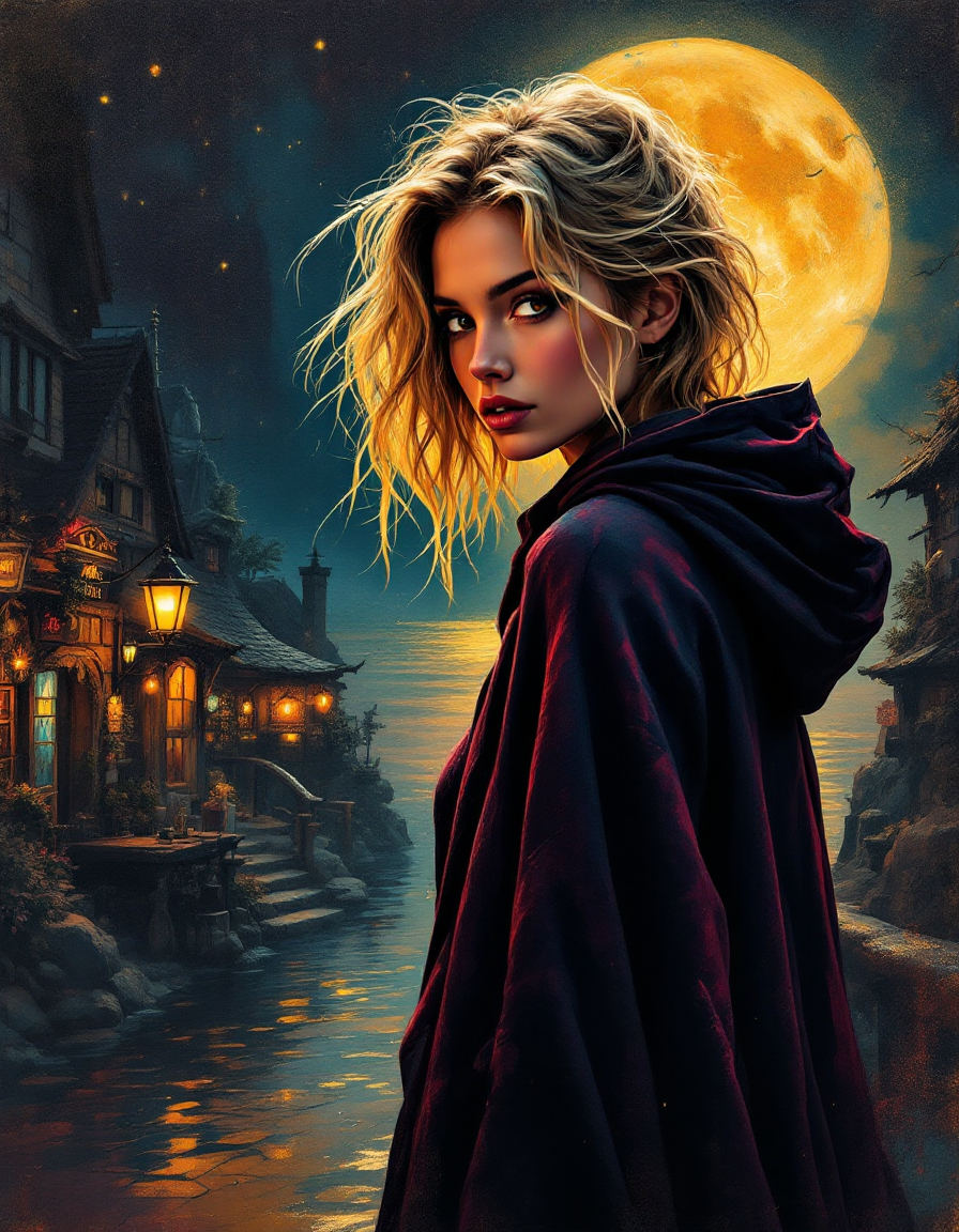 [Young blonde woman in dark hooded cloak glances over her shoulder, giant golden full moon above a fantasy canal village a...