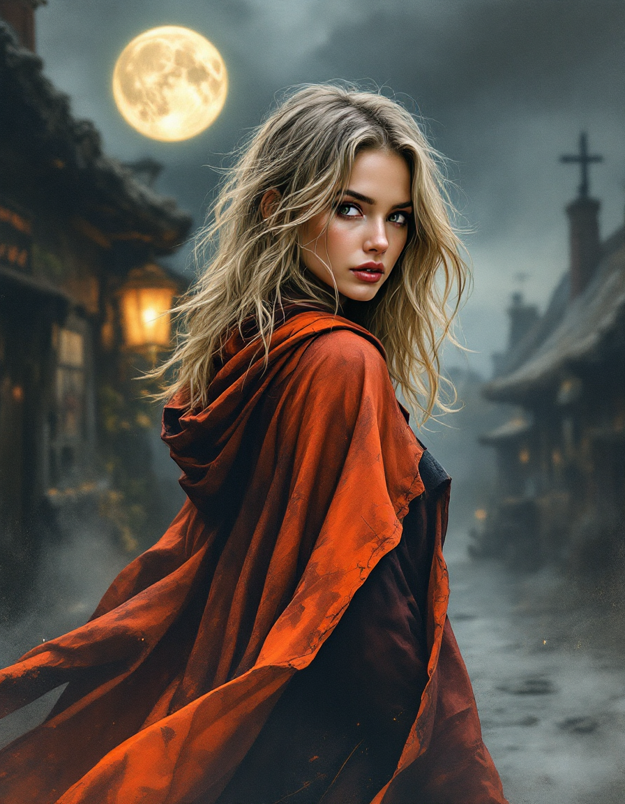 Young blonde woman in flowing red hooded cloak looks over her shoulder in foggy medieval village under a glowing full moon