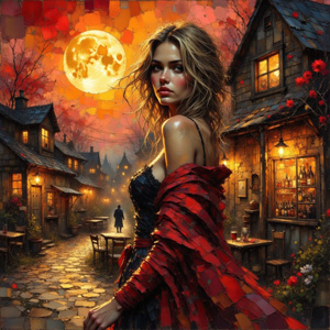 [Fantasy painting of a blonde woman in a red wrap standing on a lantern-lit cobblestone village street under a glowing ful...