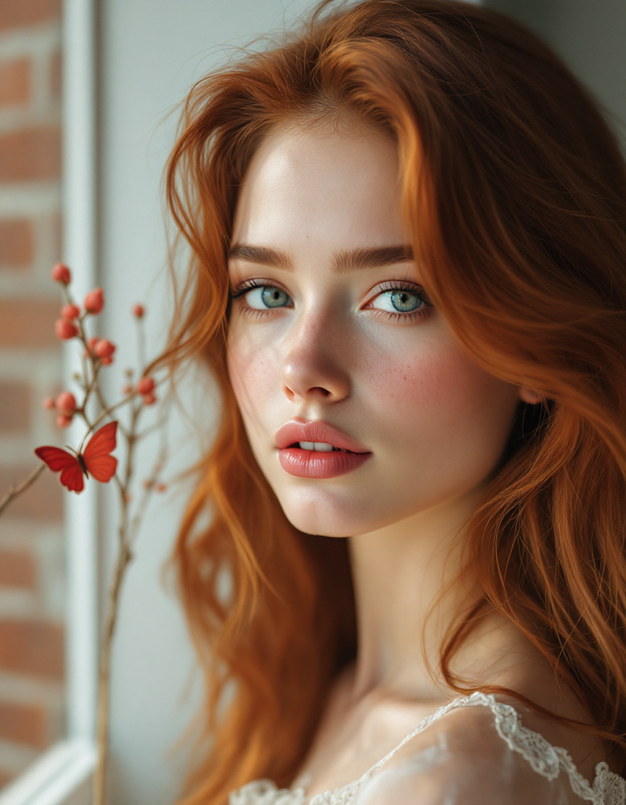Close-up portrait of young red-haired woman beside a berry branch with a small red butterfly, lit by soft natural window l...