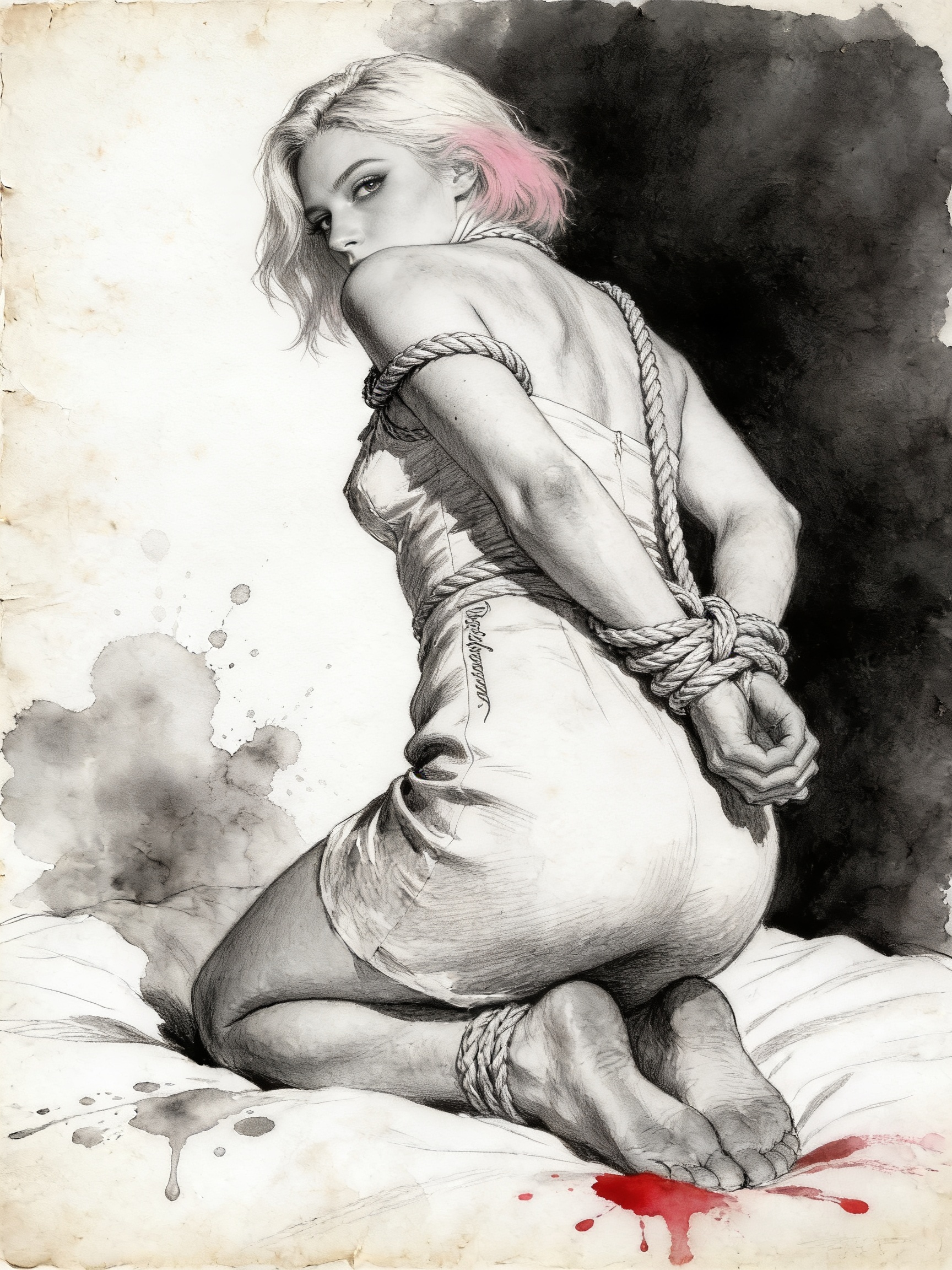 Pencil and ink wash sketch of kneeling bound woman with blonde pink-streaked hair looking back over her shoulder on aged s...