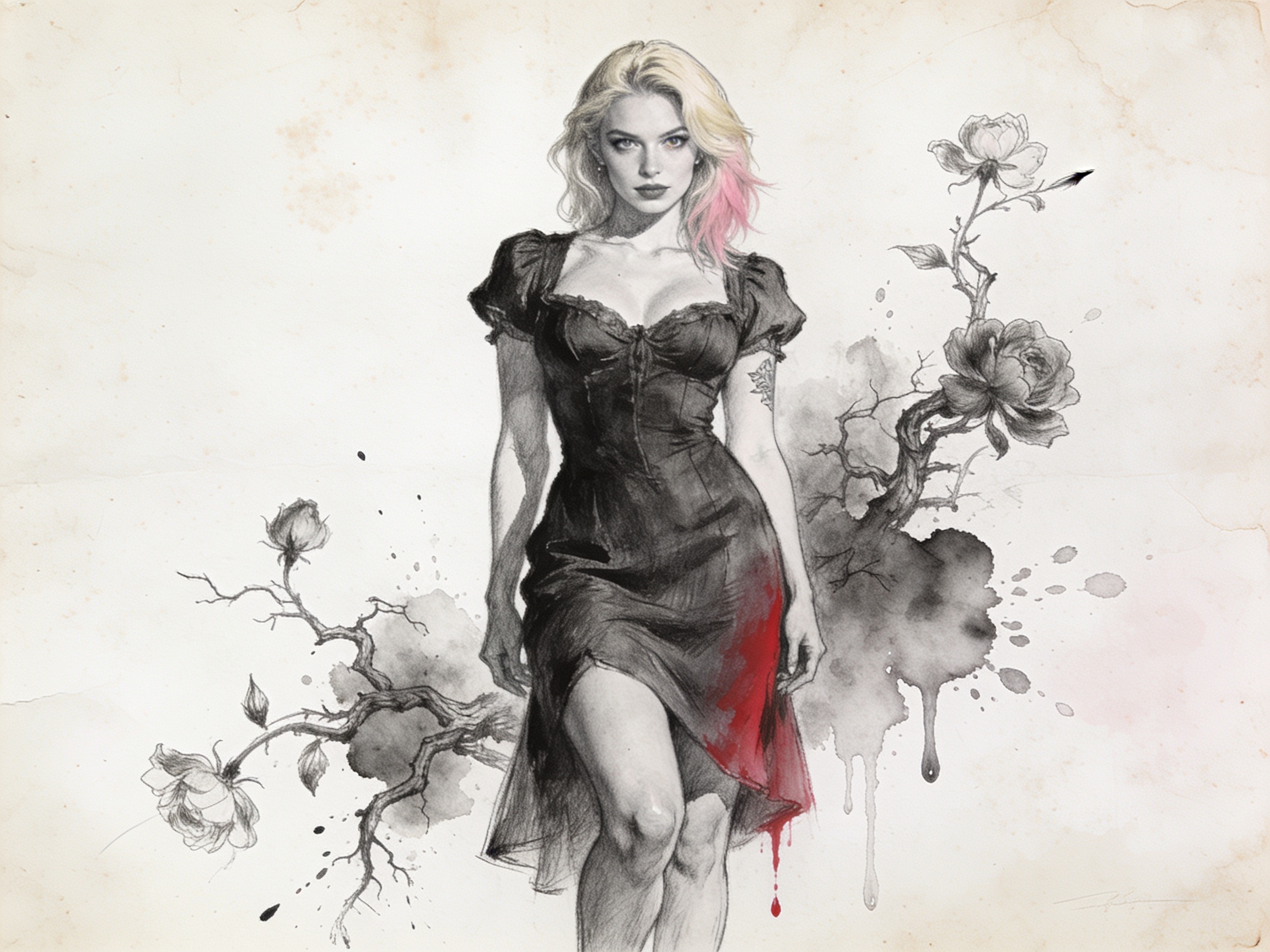 [Pencil sketch of blonde woman with pink hair streak, gothic black dress with red drip, flanked by gnarled rose branches o...