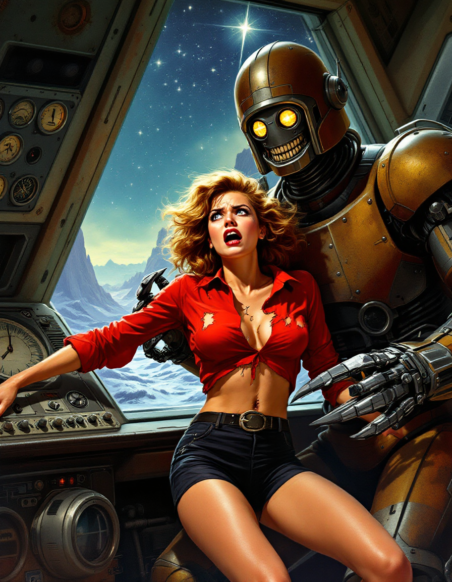 Retro sci-fi illustration of a startled female pilot held by a grinning golden robot inside a spaceship cockpit overlookin...