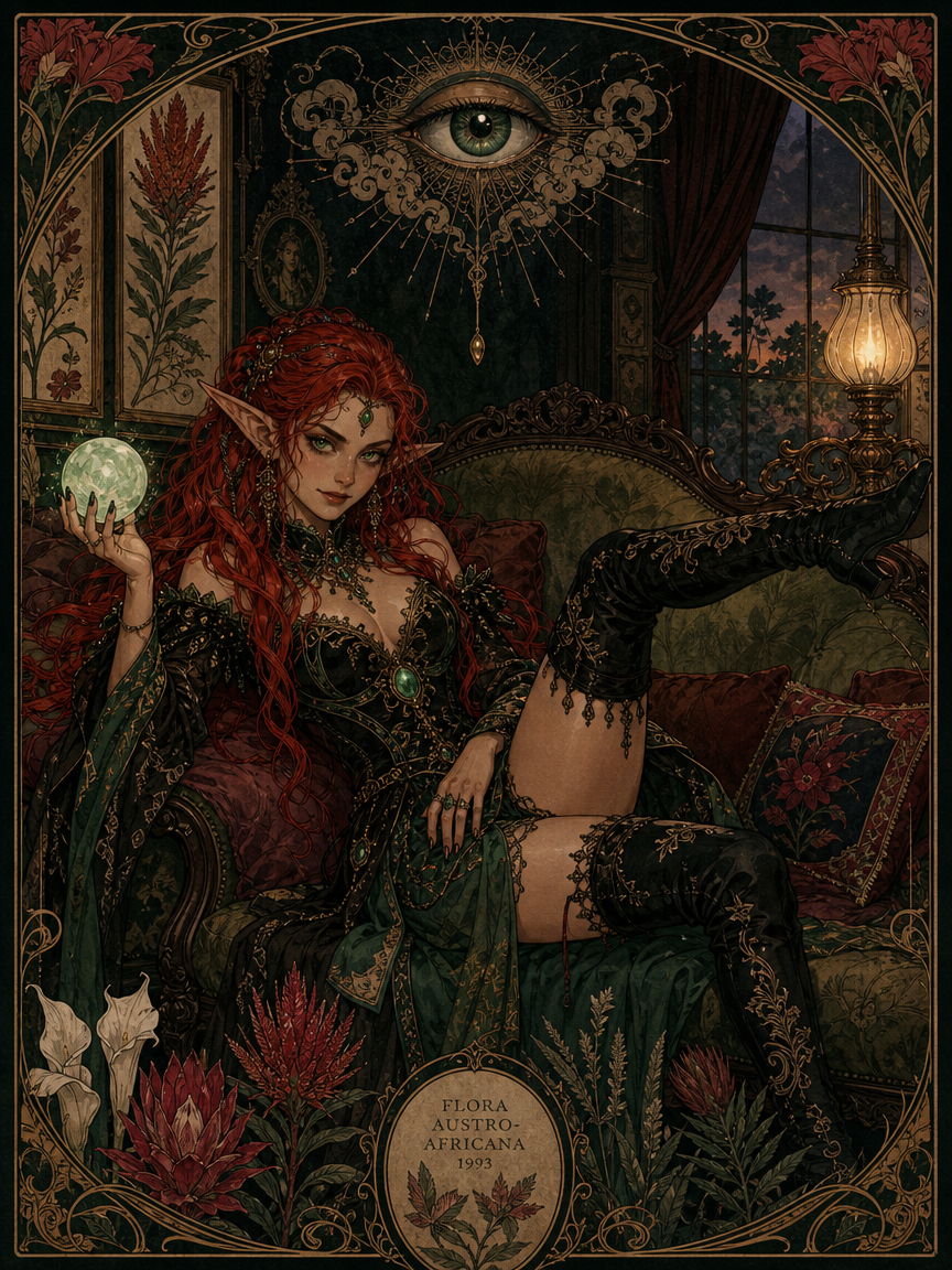 [Ornate Art Nouveau fantasy illustration of red-haired elf sorceress holding a crystal ball, reclining on a velvet gothic ...