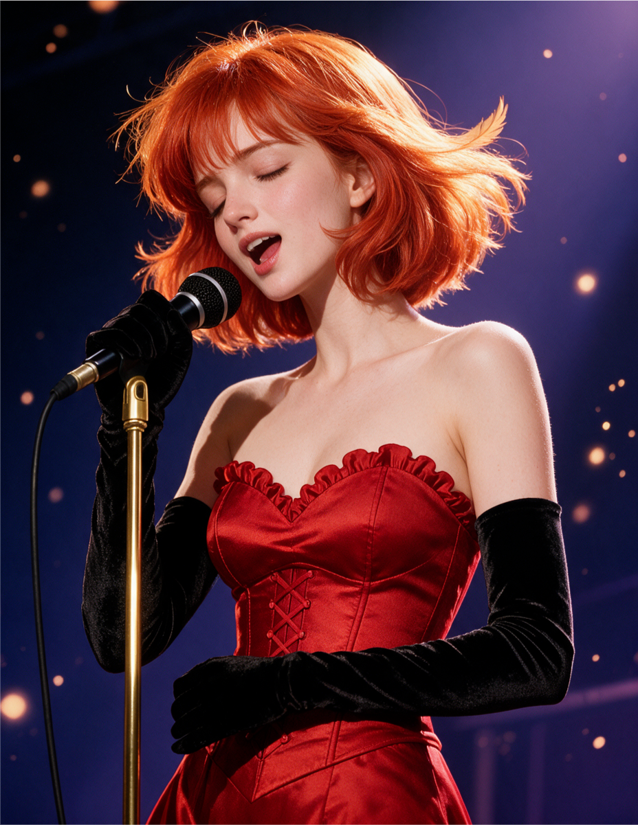 Young red haired singer in a red gown sings passionately into a vintage stage microphone