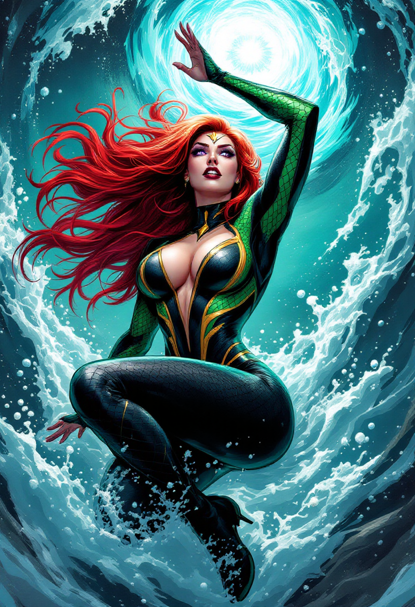 Red-haired Atlantean superhero Mera summoning a glowing swirling water vortex surrounded by crashing waves