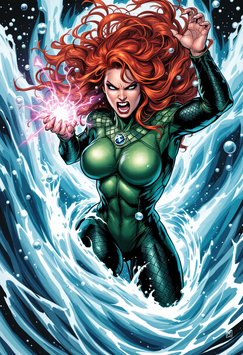 Furious red-haired Atlantean heroine channels pink energy while surrounded by swirling turbulent ocean waves
