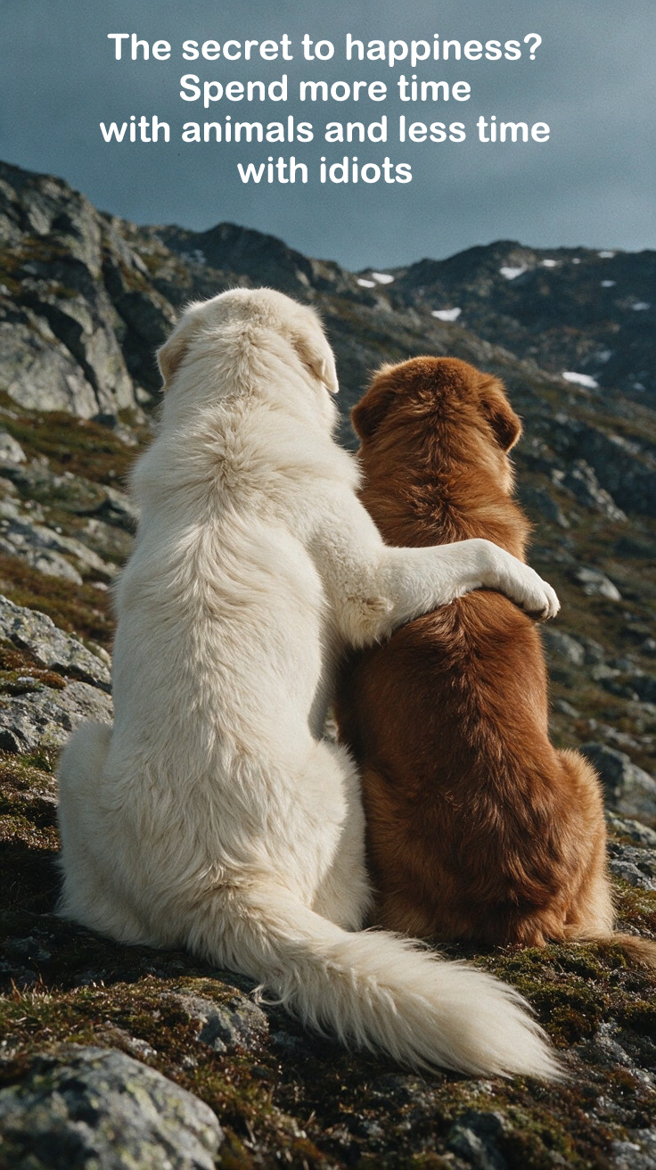 Two fluffy embracing dogs sit on a rocky mountain slope, overlaid with a humorous pet happiness quote