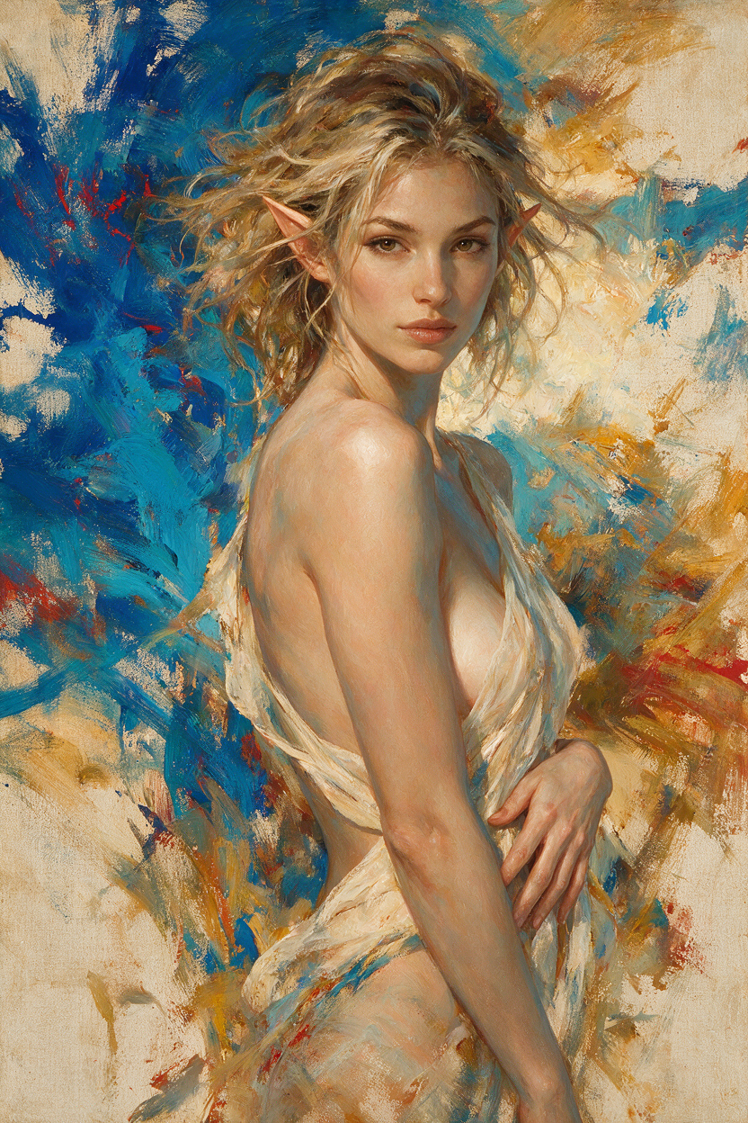 Painterly portrait of a windswept blonde female elf in a flowing sheer gown gazing at the viewer