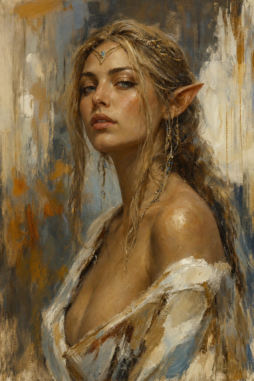 Impressionist oil portrait of a regal blonde high elf woman with pointed ears and jeweled circlet