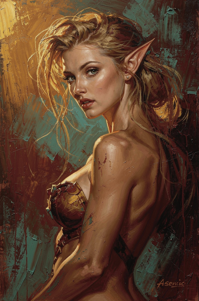 Textured oil portrait of a blonde fantasy elf woman looking back over her shoulder in warm golden light